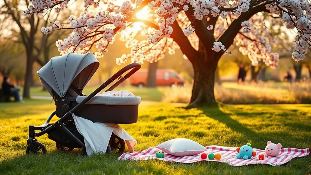 baby resting safely in a stroller bassinet while on the go