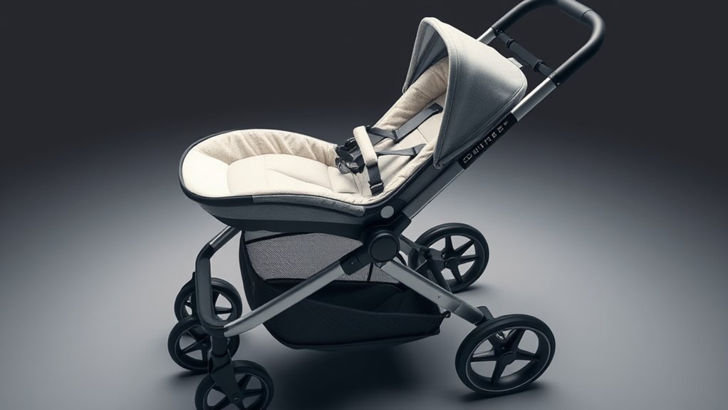 newborn stroller safety and comfort features including recline harness canopy and brakes
