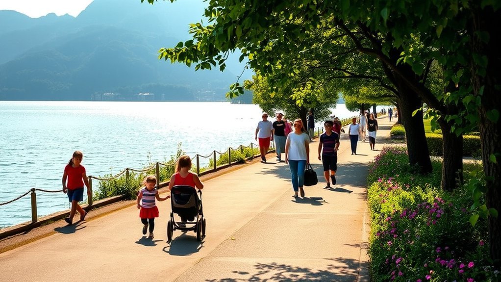 Family enjoying a stroller-friendly lakeside promenade on Lake Como