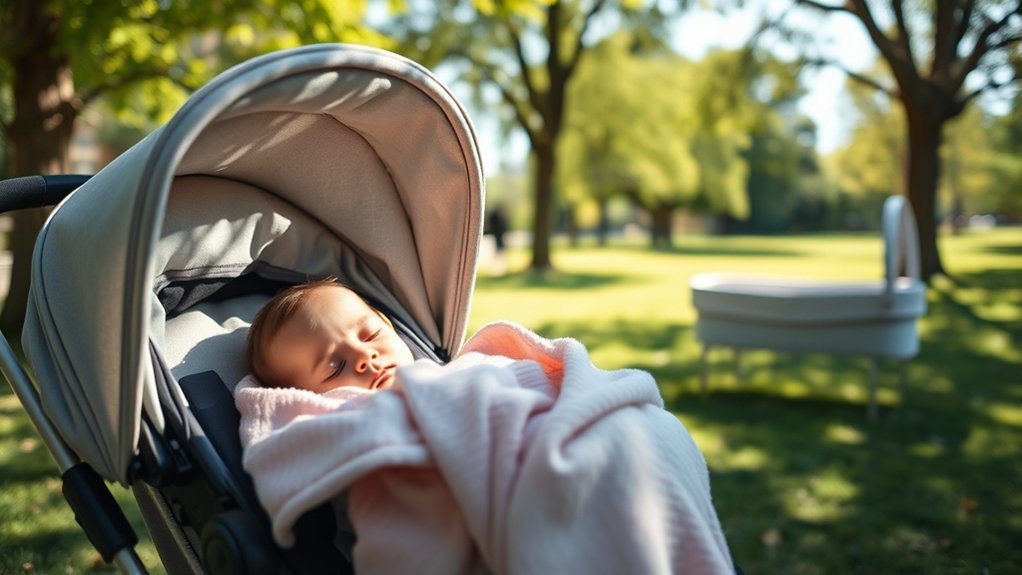 parent transitioning baby from stroller to bassinet mode
