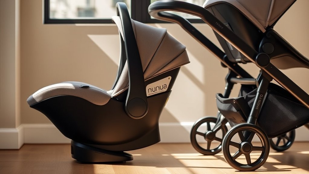 Parent using a car seat adapter for seamless travel with a baby