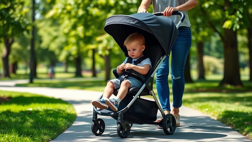 child secured with a harness in an umbrella stroller