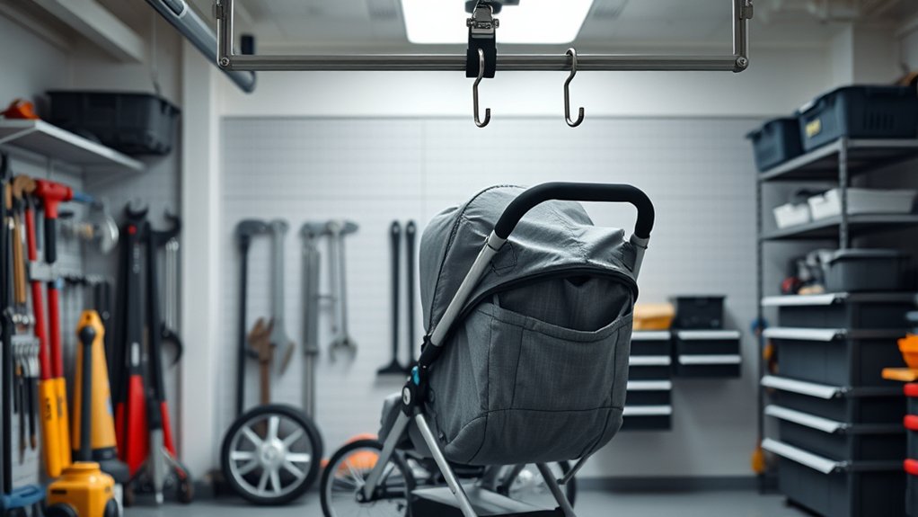 secure stroller hook installation into a garage wall