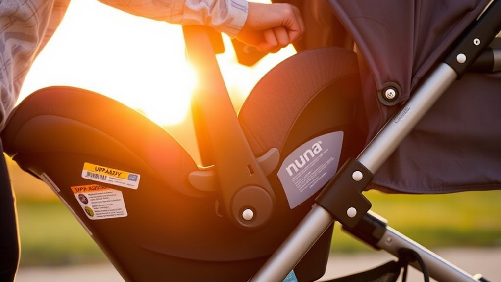 Parent securely attaching a Nuna car seat to an UPPAbaby stroller