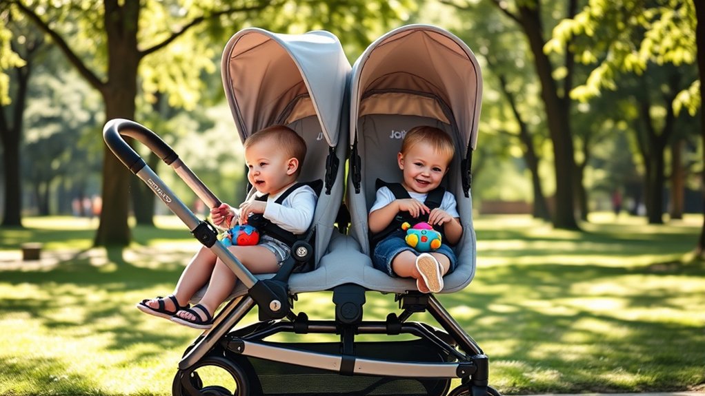 Two children sharing a comfortable side-by-side double stroller ride