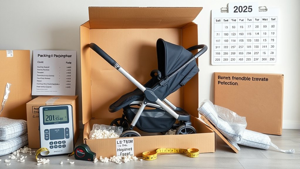 stroller packed securely in a shipping box