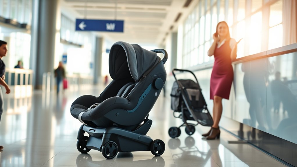 Parents guiding children and pushing a stroller through an airport security area.