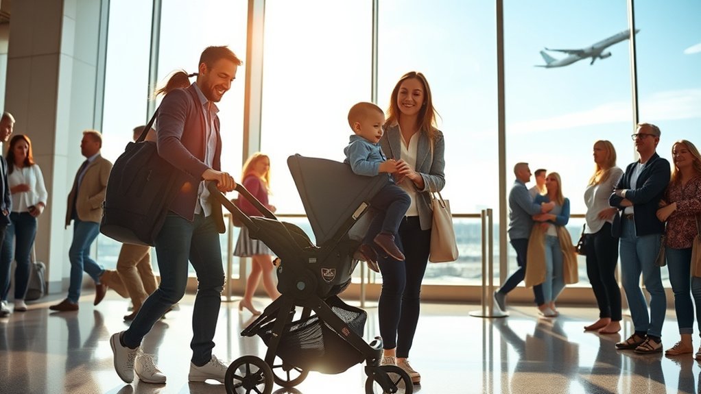 folded stroller prepared with a gate-check tag before boarding