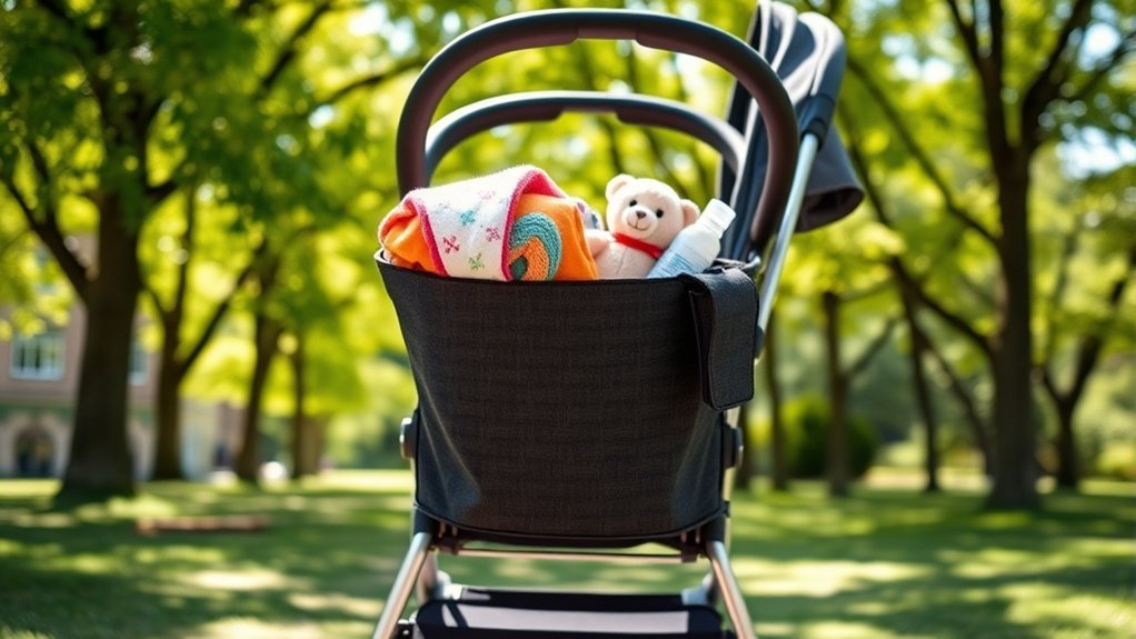 Baby stroller with a basket of baby essentials in a sunny park