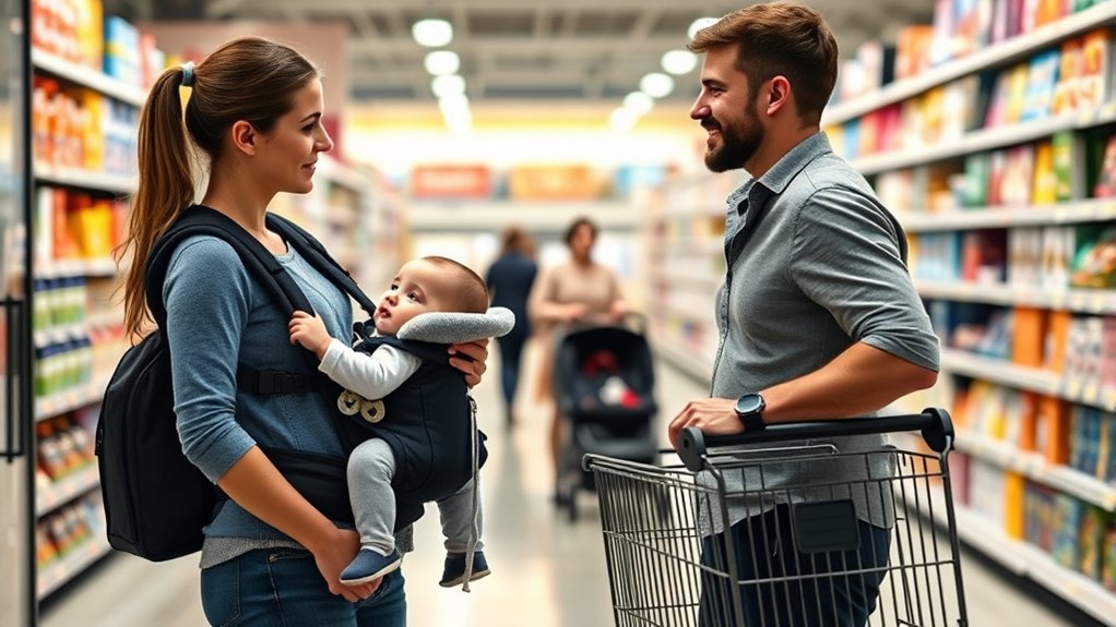 parent using a baby carrier as a stroller alternative while shopping