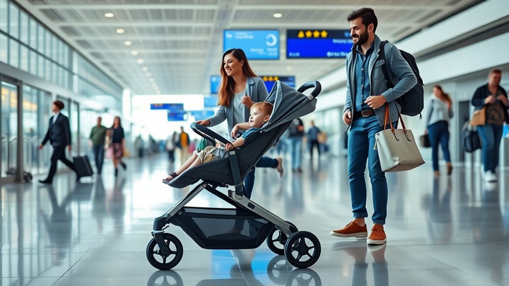 parent using a stroller in the airport while traveling with a child