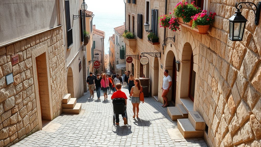 Parent pushing a stroller through uneven stone streets in Dubrovnik Old Town