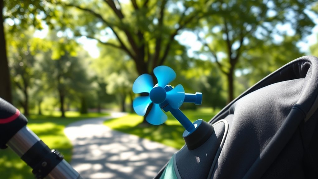 stroller fan attached to a stroller for baby comfort in warm weather