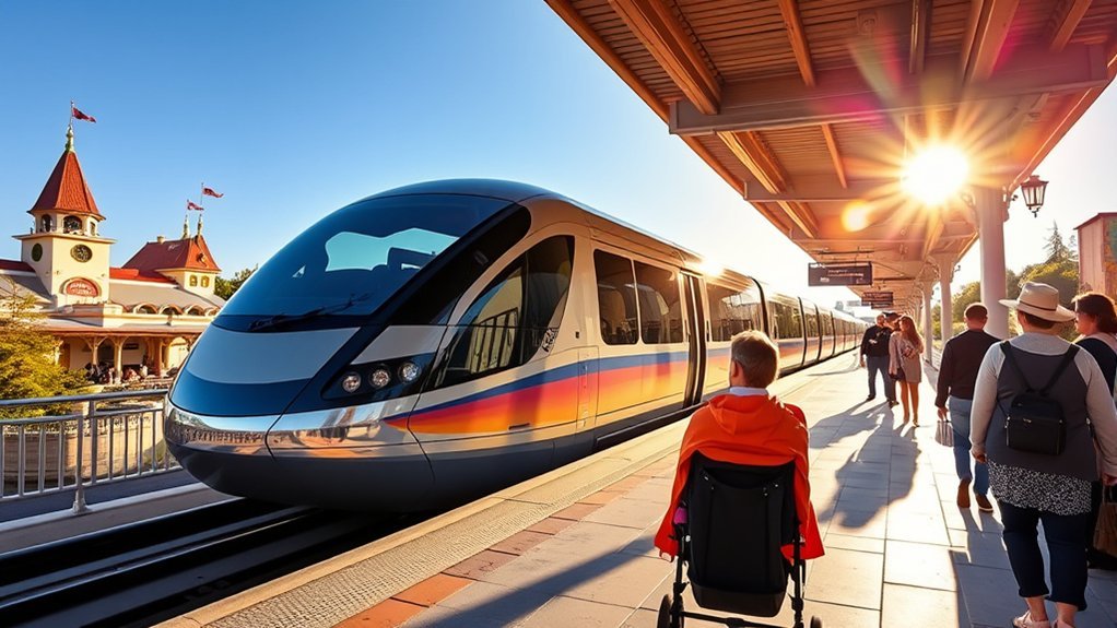 parent folding a stroller before boarding the Disneyland Monorail