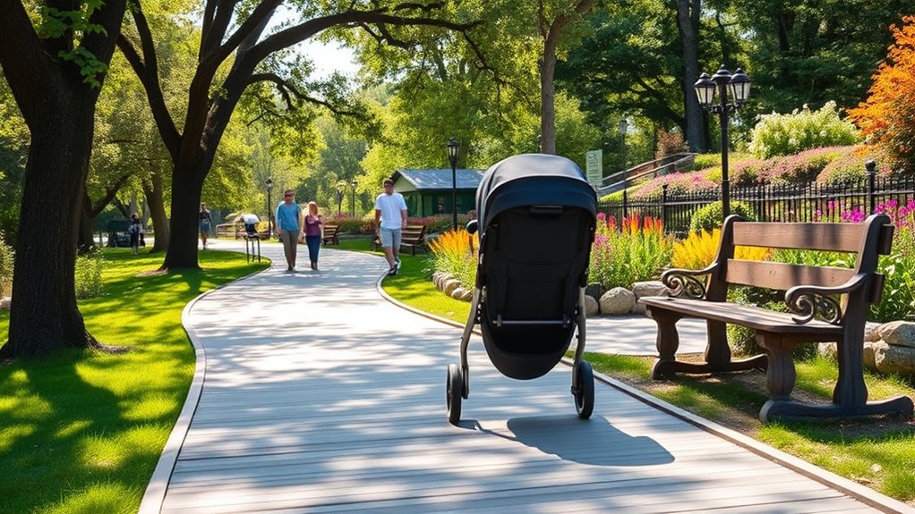 parents navigating a stroller-friendly park experience with young children