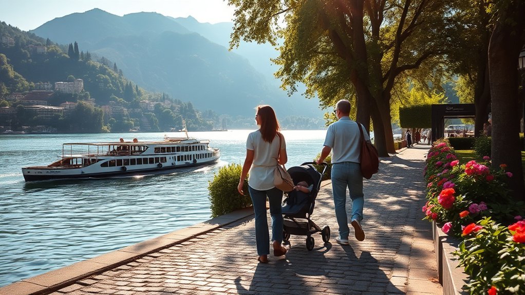 Checking a stroller-friendly walking route before exploring Lake Como