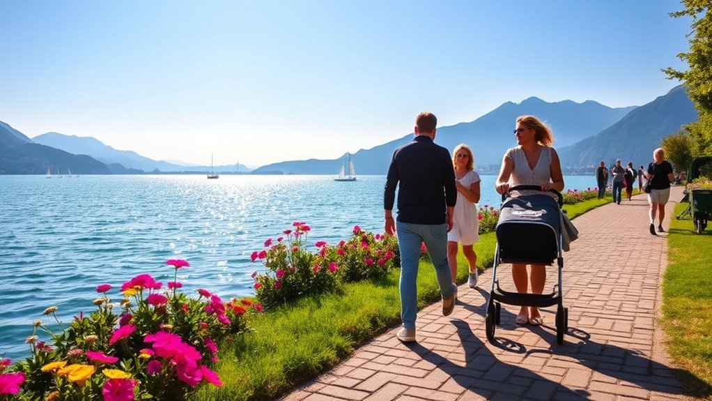 Parents walking with a stroller on a scenic Lake Como lakeside path