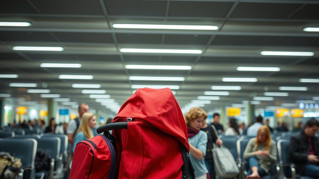parent managing stroller gate-check bag at the airport