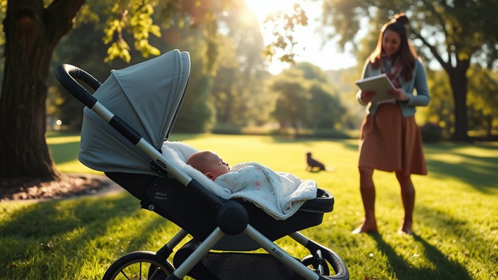 safe stroller nap setup with harness and supervised baby position