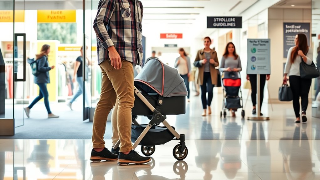 parent checking stroller policy before entering a store
