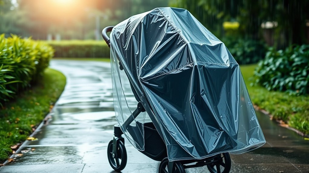 transparent stroller rain cover protecting a child from rain while allowing visibility and airflow