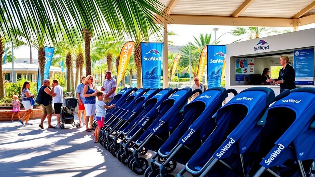 Stroller rental pickup area at SeaWorld Orlando