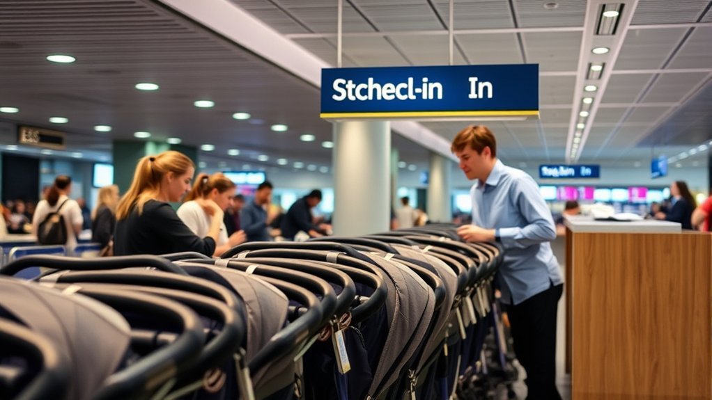 Parent retrieving a checked stroller near airport baggage claim