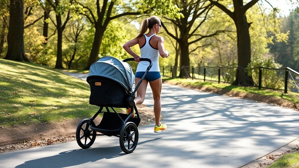 parent running safely with a jogging stroller on a smooth path