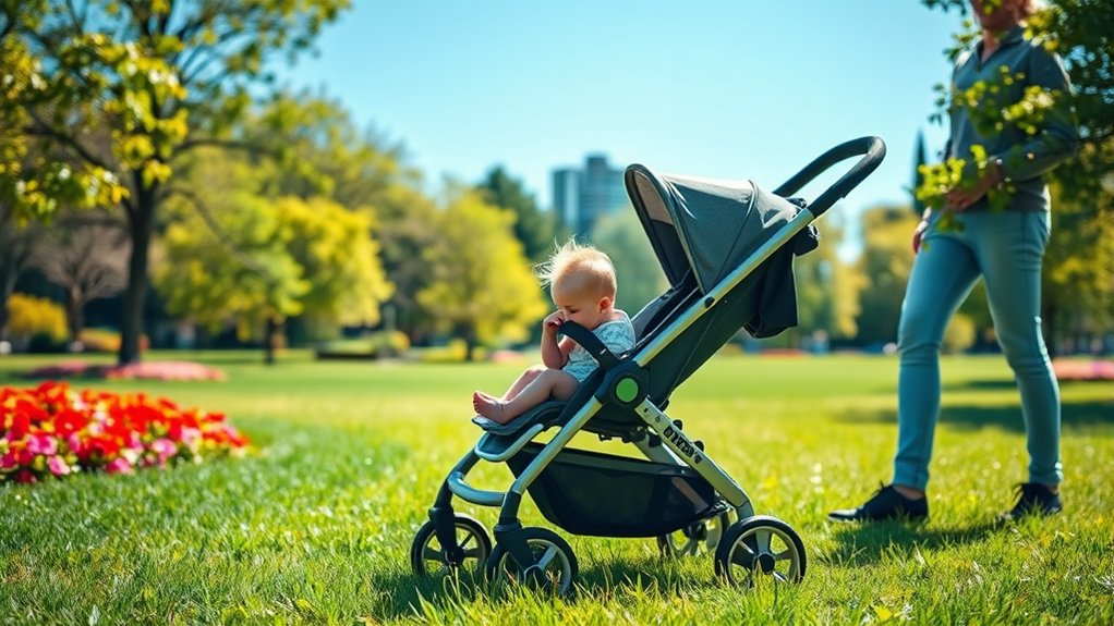 parent checking stroller harness wheels and parking brake