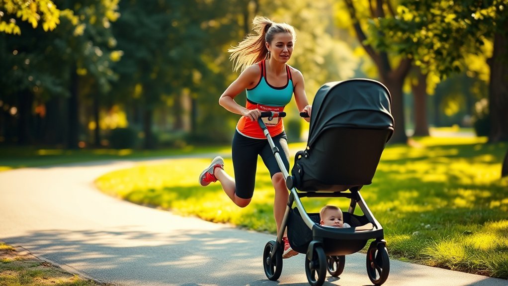 Parent preparing for a first stroller run by checking harness, tires, brakes, and route