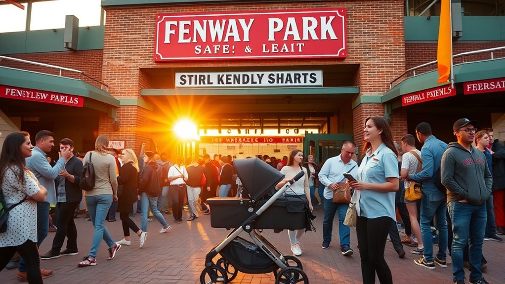parent folding a compact stroller safely at Fenway Park