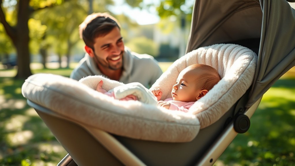 parent safely using a stroller with an infant in a supported position