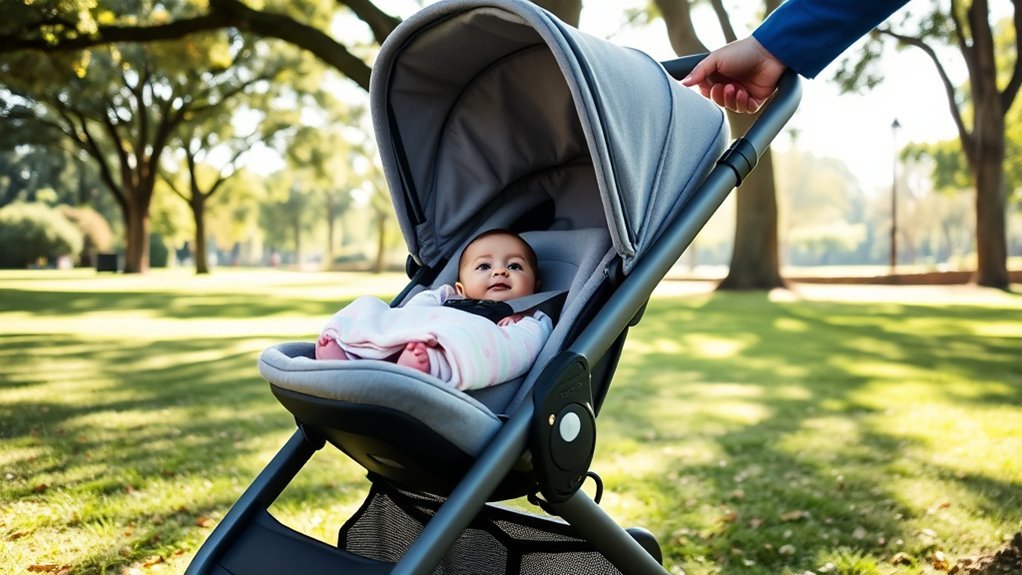 newborn lying safely in a reclining stroller with proper head support