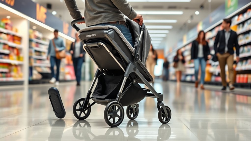 baby safely buckled in a stroller inside a store