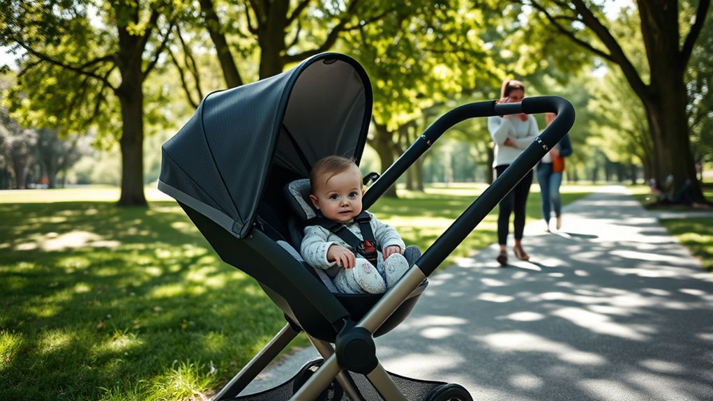essential stroller safety precautions including harness use and parking brake