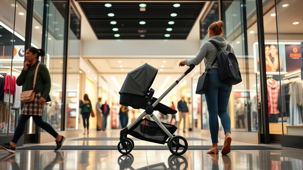 compact stroller moving through a store aisle