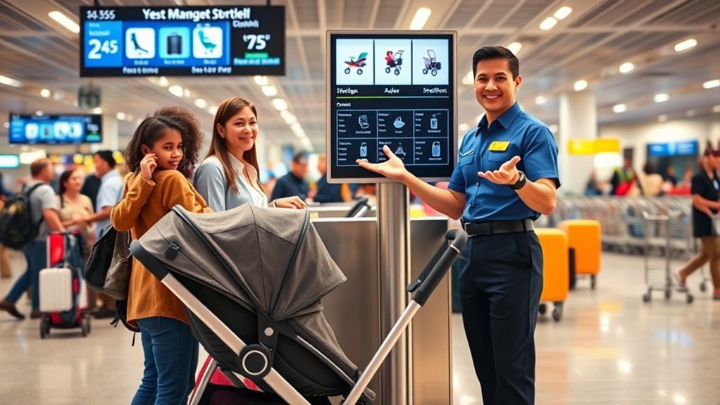 folded stroller being measured for airline size and weight restrictions