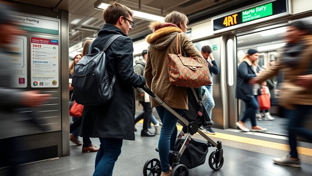 Family traveling with a stroller on the NYC subway