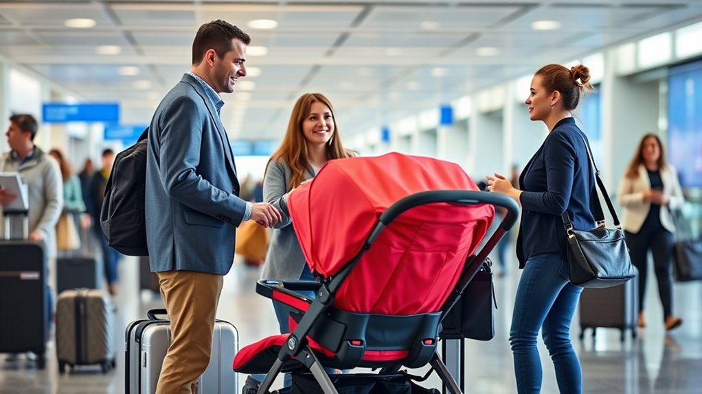 Parent managing luggage and a stroller while navigating airport travel with children