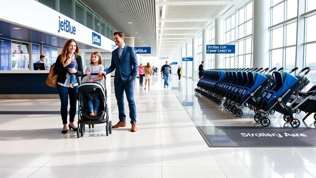 Folded travel stroller near airport luggage before check-in