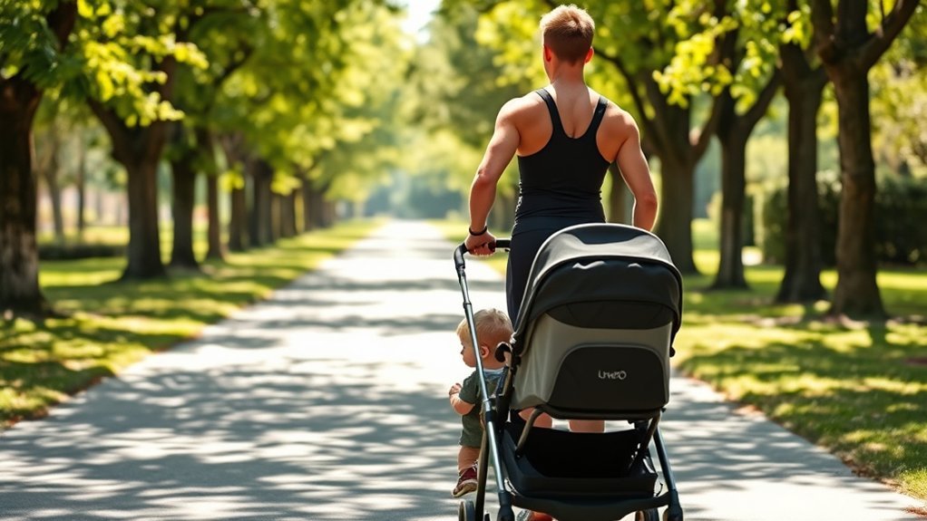 stroller workout on a walking path for strength and calorie burn