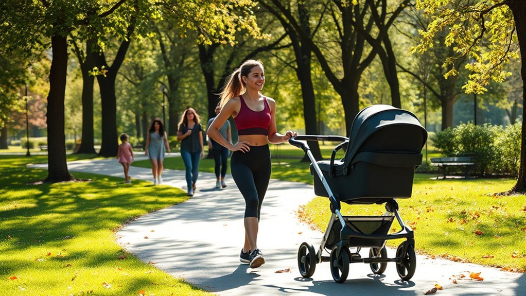 parents walking together during stroller workouts for social connection