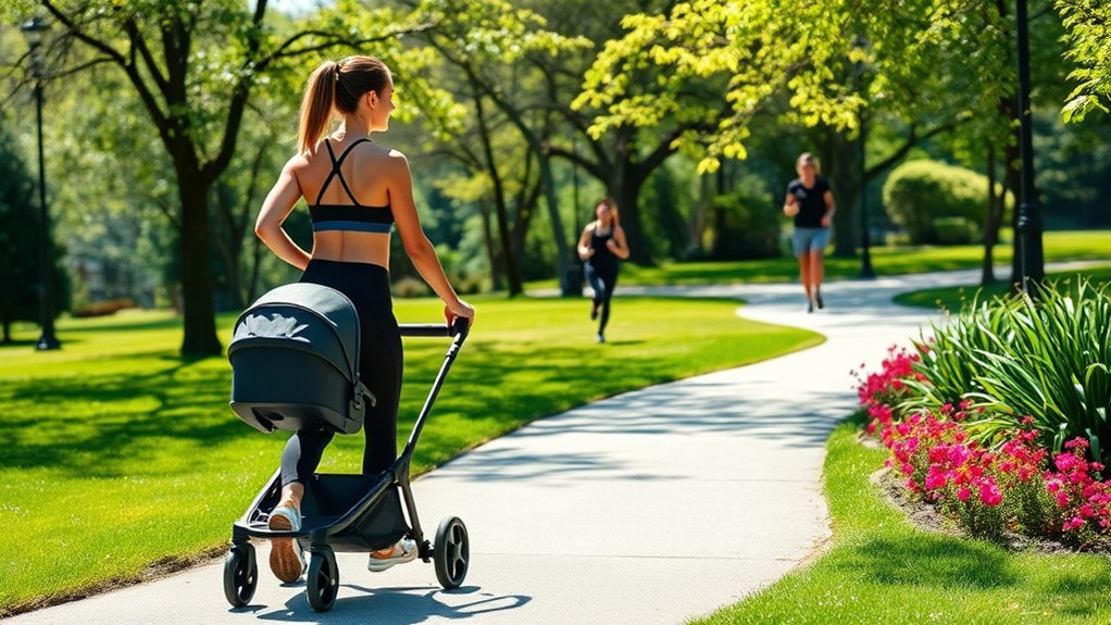 parent doing a stroller workout outdoors to improve fitness