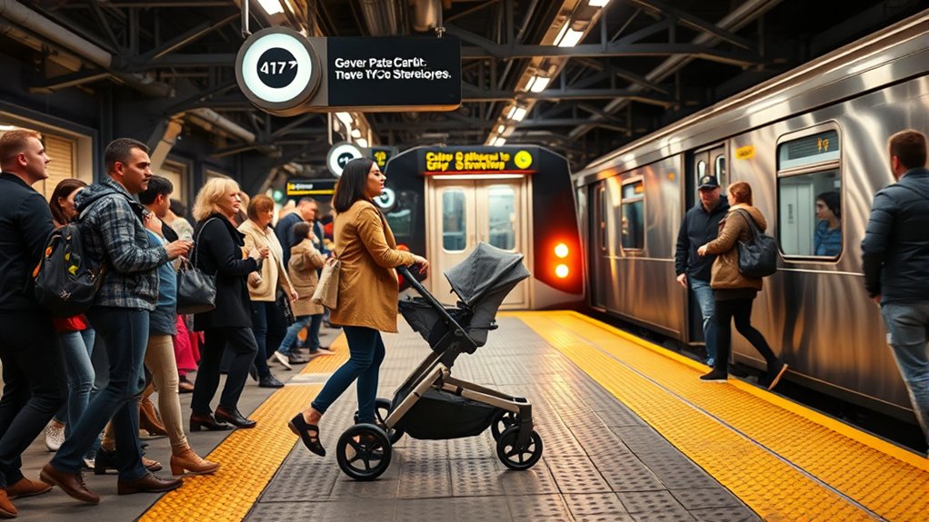 Parent using an accessible NYC subway entrance with a stroller