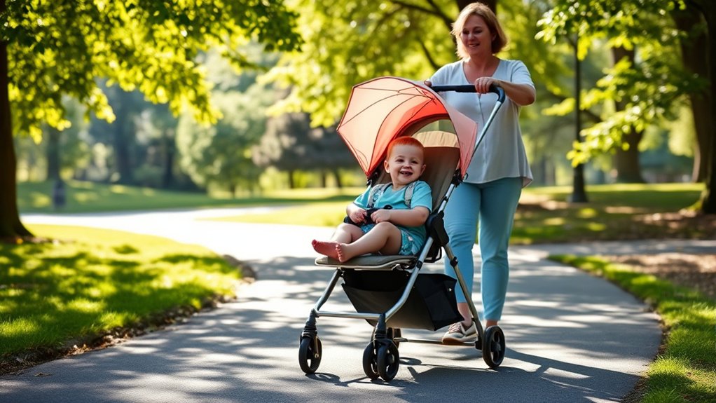 baby around six months sitting safely in an umbrella stroller