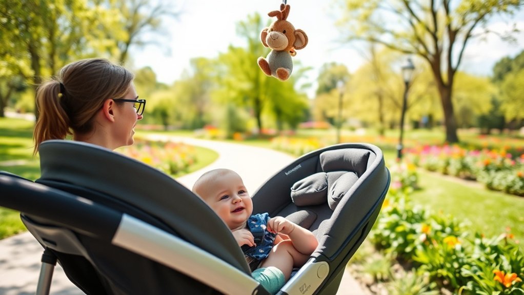 parent transitioning baby from infant car seat to stroller seat safely
