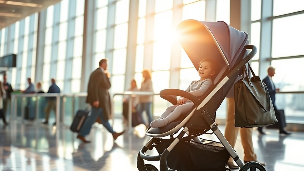 parent traveling through an airport with a compact stroller for comfort and convenience