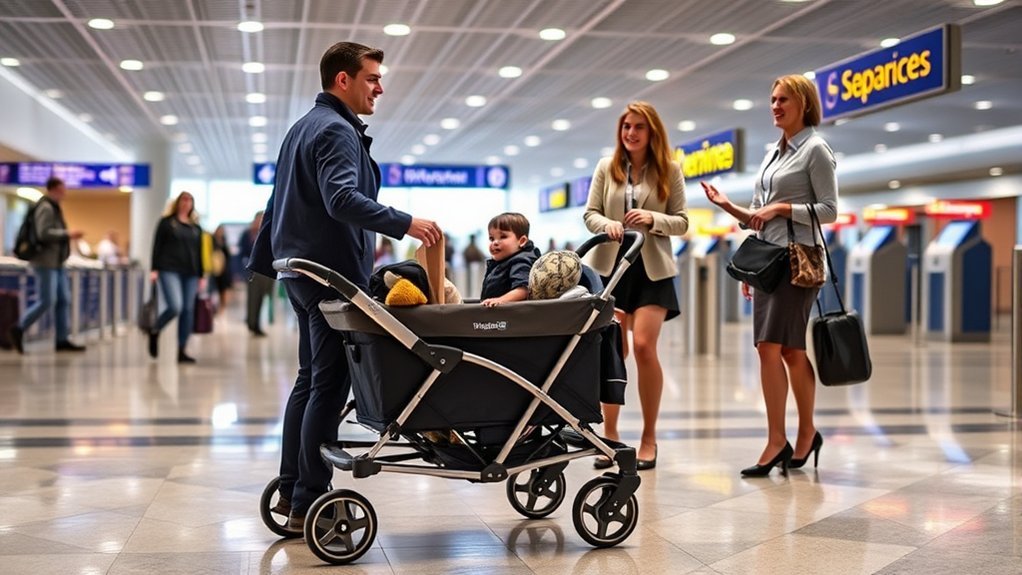 family using a stroller wagon for easier airport travel