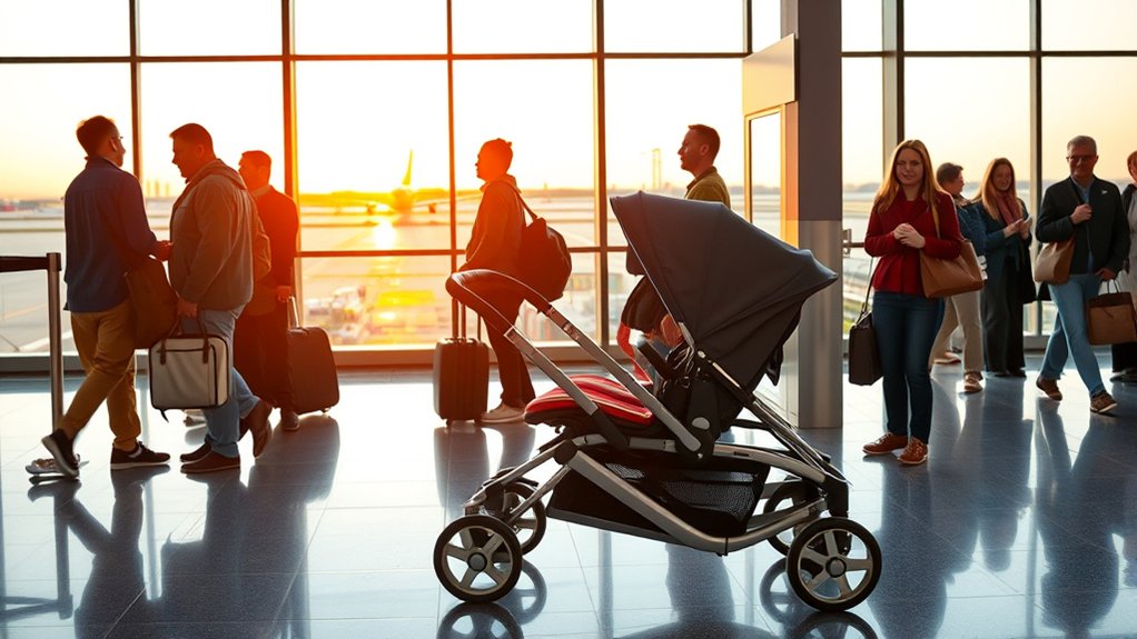 Parent using backup travel gear during airport delays with young children