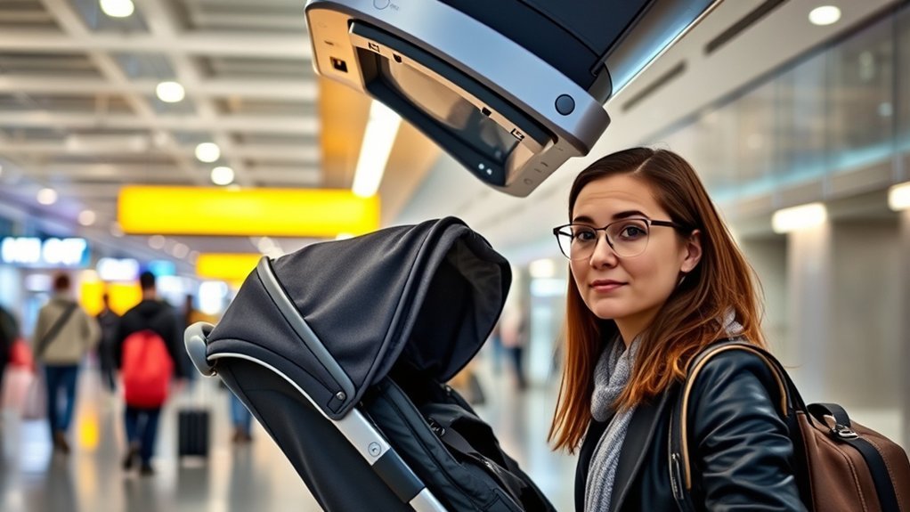 travel stroller being gate checked before a flight